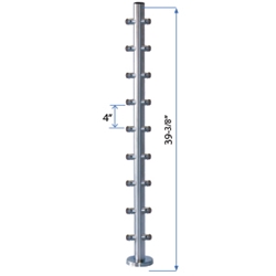 Bottom Flange Straight 90 Corner Post 39-3/8" W/9 Roundbar Holders flange straight line, metal cable systems, glass panel system, inox railing system, stainless steel railing, railing system