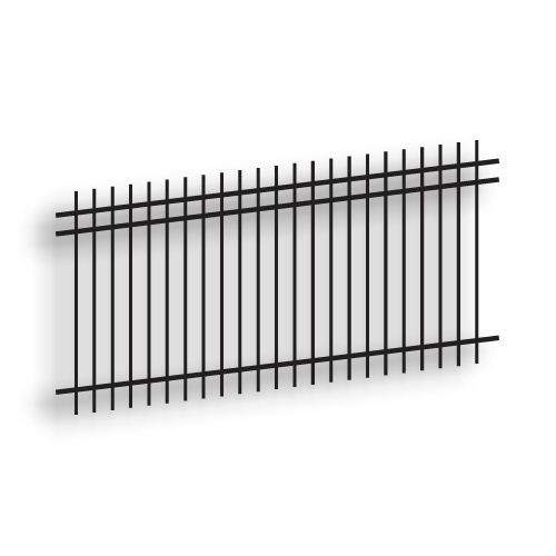 Versai II Black Extended Top/Extended Bottom Three Rail Panel - Commercial Versai Fencing System, Rackable, welded fence, 3-rail fencing, 2-rail fencing, galvanized post, powder-coated post, post cap, extended picket, walk gate, 16 gauge, tubular steel pickets, square rail, spear top fence, flat top fencing, pressed point fence, curved top fence, residential fence, commercial fence, finials, rail brackets, gate hardware, fence hardware, flat runs, flat mount bracket, gate end posts, line bracket, ts distributors
