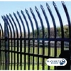 Black Pressed Curved Top/Extended Bottom Three Rail Panel black pressed curved top extended bottom three rail panel, commerical fencing, curve top fencing, extended bottom panels, three rail panels, 3-rail panels, custom gates, custom fencing, walk gates, fence panels, designmaster, blacksmith brand, ts distributors