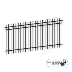 Black Pressed Spear Top/Extended Bottom Three Rail Panel 1½ Rails black pressed spear top extended bottom three rail panel, 3-rail panel, 1-1/2" rails, one and a half inch rails, extended pickets, cutom fencing, fence panels, fence accessories, fence hardware, galvanized, powder coated, blacksmith brand, ts distributors