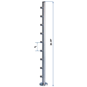 Bottom Flange Straight Line Post 39-3/8" W/9 Roundbar Holders flange straight line, metal cable systems, glass panel system, inox railing system, stainless steel railing, railing system