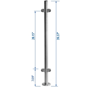 Bottom Flange Line Post 39-3/8" W/4 Glass Clamps metal cable systems, glass panel system, he key, inox railing system, stainless steel railing, railing system, ts distributors, inox cable system, inox, inox steel railing, stainless steel tube handrail fittings, wooden handrails, wooden fittings, stainless post an wall handrail supports