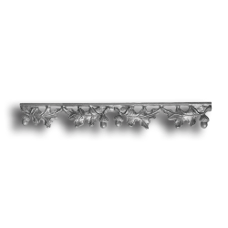 Valance - Curly Oak Design forged steel scrolls, forged panels, metal stair balusters, rail balusters, steel rail balusters, forged steel rosettes, steel balcony balusters, steel pickets, hammered metal stair baluster, hammered metal railing balusters, hand forged balusters, balusters with bushings, forged newel posts, forged rail panels, powder coated steel forgings, forged steel elemetns, stamped steel elements, fully weldable leaves, fully weldable flowers, pressed steel elements, weldable cast steel leaves, forged steel spheres, forged steel baskets