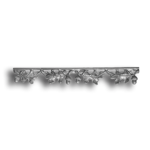 Valance - Curly Oak Design forged steel scrolls, forged panels, metal stair balusters, rail balusters, steel rail balusters, forged steel rosettes, steel balcony balusters, steel pickets, hammered metal stair baluster, hammered metal railing balusters, hand forged balusters, balusters with bushings, forged newel posts, forged rail panels, powder coated steel forgings, forged steel elemetns, stamped steel elements, fully weldable leaves, fully weldable flowers, pressed steel elements, weldable cast steel leaves, forged steel spheres, forged steel baskets