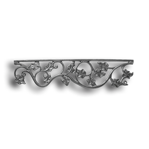 Valance - Ivy Leaf Design forged steel scrolls, forged panels, metal stair balusters, rail balusters, steel rail balusters, forged steel rosettes, steel balcony balusters, steel pickets, hammered metal stair baluster, hammered metal railing balusters, hand forged balusters, balusters with bushings, forged newel posts, forged rail panels, powder coated steel forgings, forged steel elemetns, stamped steel elements, fully weldable leaves, fully weldable flowers, pressed steel elements, weldable cast steel leaves, forged steel spheres, forged steel baskets