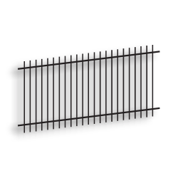 Versai Black Extended Top/Extended Bottom  Two Rail Panel - Residential Versai Fencing System, rackable, welded fence, 2-rail fencing, galvanized post, powder-coated post, post cap, extended picket, 16 gauge, tubular steel pickets, extended top fencing, extended bottom fencing, residential fence, gate hardware, fence hardware, flat runs, gate end posts, ts distributors