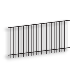 Versai Black Flat Top/Extended Bottom Two Rail Panel Versai Fencing System, rackable,welded fence, 2-rail fencing, galvanized post, powder-coated post, extended picket, tubular steel pickets, residential fence, commercial fence, gate hardware, fence hardware, gate end posts,  ts distributors