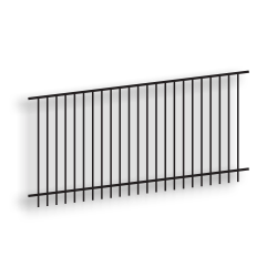 Versai Black Flat Top/Extended Bottom Two Rail Panel Versai Fencing System, rackable,welded fence, 2-rail fencing, galvanized post, powder-coated post, extended picket, tubular steel pickets, residential fence, commercial fence, gate hardware, fence hardware, gate end posts,  ts distributors