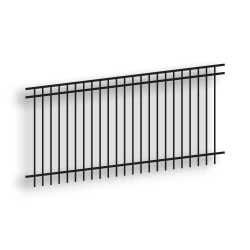 Versai Black Flat Top/Extended Bottom Three Rail Panel - Residential Versai Fencing System, rackable, flat top fencing, extended bottom fencing, versai ornamental walk gates, welded fence, 3-rail fencing, galvanized post, powder-coated post, post cap, extended picket, walk gate, tubular steel pickets, gate hardware, fence hardware, flat runs, residential fencing, ts distributors