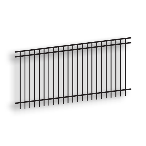 Versai Black Flat Top/Extended Bottom Three Rail Panel - Residential Versai Fencing System, rackable, flat top fencing, extended bottom fencing, versai ornamental walk gates, welded fence, 3-rail fencing, galvanized post, powder-coated post, post cap, extended picket, walk gate, tubular steel pickets, gate hardware, fence hardware, flat runs, residential fencing, ts distributors