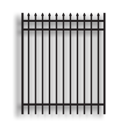 Versai Black Ornamental Walk Gates Pressed Spear Top 3 Rail Gates Versai Fencing System, Rackable, welded fence, 3-rail fencing, 2-rail fencing, galvanized post, powder-coated post, post cap, extended picket, walk gate, 16 gauge, tubular steel pickets, square rail, spear top fence, flat top fencing, pressed point fence, curved top fence, residential fence, commercial fence, finials, rail brackets, gate hardware, fence hardware, flat runs, flat mount bracket, gate end posts, line bracket, ts distributors