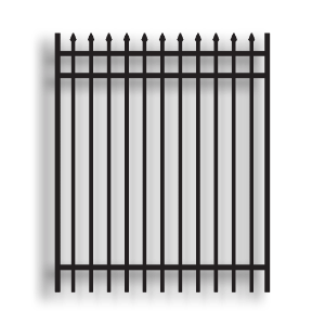 Versai Black Ornamental Walk Gates Pressed Spear Top 3 Rail Gates Versai Fencing System, Rackable, welded fence, 3-rail fencing, 2-rail fencing, galvanized post, powder-coated post, post cap, extended picket, walk gate, 16 gauge, tubular steel pickets, square rail, spear top fence, flat top fencing, pressed point fence, curved top fence, residential fence, commercial fence, finials, rail brackets, gate hardware, fence hardware, flat runs, flat mount bracket, gate end posts, line bracket, ts distributors