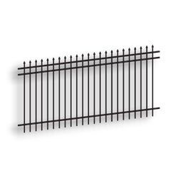 Versai Black Pressed Spear Top/Extended Bottom Three Rail Panel - Residential Versai Fencing System, rackable, welded fence, 3-rail fencing, galvanized post, powder-coated post, post cap, extended picket, tubular steel pickets, spear top fence, extended bottom fence, residential fence, gate hardware, fence hardware, ts distributors