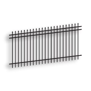 Versai Black Pressed Spear Top/Extended Bottom Three Rail Panel - Residential Versai Fencing System, rackable, welded fence, 3-rail fencing, galvanized post, powder-coated post, post cap, extended picket, tubular steel pickets, spear top fence, extended bottom fence, residential fence, gate hardware, fence hardware, ts distributors