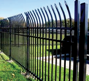Black Pressed Curved-Top Extended Bottom Three Rail Panel - Commercial black pressed curved top extended bottom three rail panel, commerical fencing, curve top fencing, extended bottom panels, three rail panels, 3-rail panels, custom gates, custom fencing, walk gates, fence panels, designmaster, blacksmith brand, ts distributors