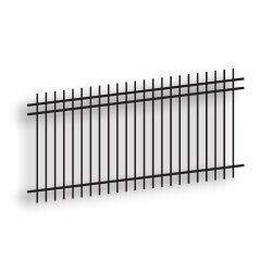 Versai II Black Extended Top/Extended Bottom Three Rail Panel - Commercial Versai Fencing System, Rackable, welded fence, 3-rail fencing, 2-rail fencing, galvanized post, powder-coated post, post cap, extended picket, walk gate, 16 gauge, tubular steel pickets, square rail, spear top fence, flat top fencing, pressed point fence, curved top fence, residential fence, commercial fence, finials, rail brackets, gate hardware, fence hardware, flat runs, flat mount bracket, gate end posts, line bracket, ts distributors