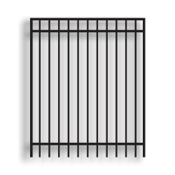 Versai II Black Commercial Walk Gates Flat Top 3 Rail Gates Versai Fencing System, Rackable, welded fence, 3-rail fencing, 2-rail fencing, galvanized post, powder-coated post, post cap, extended picket, walk gate, 16 gauge, tubular steel pickets, square rail, spear top fence, flat top fencing, pressed point fence, curved top fence, residential fence, commercial fence, finials, rail brackets, gate hardware, fence hardware, flat runs, flat mount bracket, gate end posts, line bracket, ts distributors