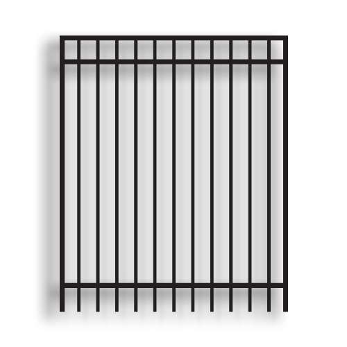 Versai II Black Commercial Walk Gates Flat Top 3 Rail Gates Versai Fencing System, Rackable, welded fence, 3-rail fencing, 2-rail fencing, galvanized post, powder-coated post, post cap, extended picket, walk gate, 16 gauge, tubular steel pickets, square rail, spear top fence, flat top fencing, pressed point fence, curved top fence, residential fence, commercial fence, finials, rail brackets, gate hardware, fence hardware, flat runs, flat mount bracket, gate end posts, line bracket, ts distributors