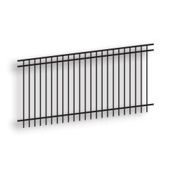 Versai II Black Flat Top/Extended Bottom Three Rail Panel - Commercial Versai Fencing System, Rackable, welded fence, 3-rail fencing, 2-rail fencing, galvanized post, powder-coated post, post cap, extended picket, walk gate, 16 gauge, tubular steel pickets, square rail, spear top fence, flat top fencing, pressed point fence, curved top fence, residential fence, commercial fence, finials, rail brackets, gate hardware, fence hardware, flat runs, flat mount bracket, gate end posts, line bracket, ts distributors