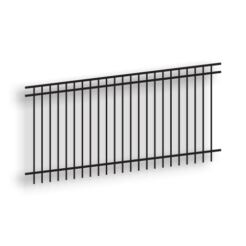 Versai II Black Flat Top/Extended Bottom Three Rail Panel - Commercial Versai Fencing System, Rackable, welded fence, 3-rail fencing, 2-rail fencing, galvanized post, powder-coated post, post cap, extended picket, walk gate, 16 gauge, tubular steel pickets, square rail, spear top fence, flat top fencing, pressed point fence, curved top fence, residential fence, commercial fence, finials, rail brackets, gate hardware, fence hardware, flat runs, flat mount bracket, gate end posts, line bracket, ts distributors
