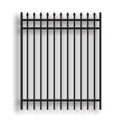 Versai II Black Commercial Walk Gates Pressed Spear Top 3 Rail Gates Versai Fencing System, Rackable, welded fence, 3-rail fencing, 2-rail fencing, galvanized post, powder-coated post, post cap, extended picket, walk gate, 16 gauge, tubular steel pickets, square rail, spear top fence, flat top fencing, pressed point fence, curved top fence, residential fence, commercial fence, finials, rail brackets, gate hardware, fence hardware, flat runs, flat mount bracket, gate end posts, line bracket, ts distributors