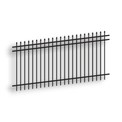 Versai II Black Pressed Spear-Top Extended Bottom Three Rail Panel - Commercial Versai Fencing System, Rackable, welded fence, 3-rail fencing, 2-rail fencing, galvanized post, powder-coated post, post cap, extended picket, walk gate, 16 gauge, tubular steel pickets, square rail, spear top fence, flat top fencing, pressed point fence, curved top fence, residential fence, commercial fence, finials, rail brackets, gate hardware, fence hardware, flat runs, flat mount bracket, gate end posts, line bracket, ts distributors