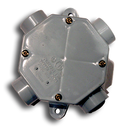 Octagon Conduit Box - 1/2" or 3/4" Fittings Access control, gate operators, viking, doorking, liftmaster, apollo, eagle, swing gate, slide gate, BFT, Ramset, loop detctor, transmitter, 315 MHz, 2.0 technology, superior gate operaator, phobos, oxi receiver, residential swing gates, wireless keypads, ramset, electromagnetic lock ,Maglock, access controller, push to exit, proximity reader, cellular callbox, telephone entry system, board kit, intercom, photoeye kits, seco-larm, EMX, click2enter, emergency entry box, lead-acid battery, THALIA, conduit, screw connector, back-up power