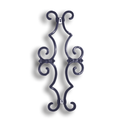 Plastic Scroll with Steel Welding Tabs forged steel scrolls, forged panels, metal stair balusters, rail balusters, steel rail balusters, forged steel rosettes, steel balcony balusters, steel pickets, hammered metal stair baluster, hammered metal railing balusters, hand forged balusters, balusters with bushings, forged newel posts, forged rail panels, powder coated steel forgings, forged steel elemetns, stamped steel elements, fully weldable leaves, fully weldable flowers, pressed steel elements, weldable cast steel leaves, forged steel spheres, forged steel baskets