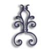 Plastic Scroll with Steel Welding Tabs forged steel scrolls, forged panels, metal stair balusters, rail balusters, steel rail balusters, forged steel rosettes, steel balcony balusters, steel pickets, hammered metal stair baluster, hammered metal railing balusters, hand forged balusters, balusters with bushings, forged newel posts, forged rail panels, powder coated steel forgings, forged steel elemetns, stamped steel elements, fully weldable leaves, fully weldable flowers, pressed steel elements, weldable cast steel leaves, forged steel spheres, forged steel baskets