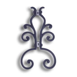 Plastic Scroll with Steel Welding Tabs forged steel scrolls, forged panels, metal stair balusters, rail balusters, steel rail balusters, forged steel rosettes, steel balcony balusters, steel pickets, hammered metal stair baluster, hammered metal railing balusters, hand forged balusters, balusters with bushings, forged newel posts, forged rail panels, powder coated steel forgings, forged steel elemetns, stamped steel elements, fully weldable leaves, fully weldable flowers, pressed steel elements, weldable cast steel leaves, forged steel spheres, forged steel baskets