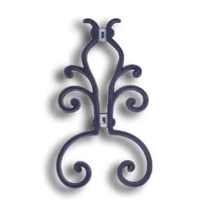 Plastic Scroll with Steel Welding Tabs forged steel scrolls, forged panels, metal stair balusters, rail balusters, steel rail balusters, forged steel rosettes, steel balcony balusters, steel pickets, hammered metal stair baluster, hammered metal railing balusters, hand forged balusters, balusters with bushings, forged newel posts, forged rail panels, powder coated steel forgings, forged steel elemetns, stamped steel elements, fully weldable leaves, fully weldable flowers, pressed steel elements, weldable cast steel leaves, forged steel spheres, forged steel baskets
