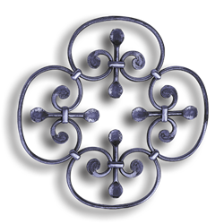 Forged Steel Rosette - 3/8" Round Material forged steel scrolls, forged panels, metal stair balusters, rail balusters, steel rail balusters, forged steel rosettes, steel balcony balusters, steel pickets, hammered metal stair baluster, hammered metal railing balusters, hand forged balusters, balusters with bushings, forged newel posts, forged rail panels, powder coated steel forgings, forged steel elemetns, stamped steel elements, fully weldable leaves, fully weldable flowers, pressed steel elements, weldable cast steel leaves, forged steel spheres, forged steel baskets