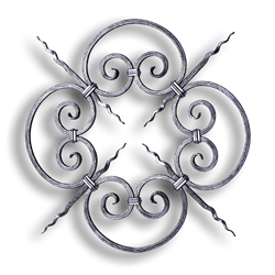 Forged Steel Rosette - 1/2" Sq. Material forged steel scrolls, forged panels, metal stair balusters, rail balusters, steel rail balusters, forged steel rosettes, steel balcony balusters, steel pickets, hammered metal stair baluster, hammered metal railing balusters, hand forged balusters, balusters with bushings, forged newel posts, forged rail panels, powder coated steel forgings, forged steel elemetns, stamped steel elements, fully weldable leaves, fully weldable flowers, pressed steel elements, weldable cast steel leaves, forged steel spheres, forged steel baskets