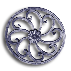 Forged Steel Rosette - 1/2" Sq. Material forged steel scrolls, forged panels, metal stair balusters, rail balusters, steel rail balusters, forged steel rosettes, steel balcony balusters, steel pickets, hammered metal stair baluster, hammered metal railing balusters, hand forged balusters, balusters with bushings, forged newel posts, forged rail panels, powder coated steel forgings, forged steel elemetns, stamped steel elements, fully weldable leaves, fully weldable flowers, pressed steel elements, weldable cast steel leaves, forged steel spheres, forged steel baskets