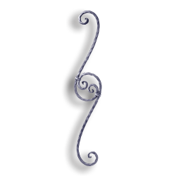 Forged Steel Stair and Rail Scroll Baluster Hammered - 1/2" Sq. Material forged steel scrolls, forged panels, metal stair balusters, rail balusters, steel rail balusters, forged steel rosettes, steel balcony balusters, steel pickets, hammered metal stair baluster, hammered metal railing balusters, hand forged balusters, balusters with bushings, forged newel posts, forged rail panels, powder coated steel forgings, forged steel elemetns, stamped steel elements, fully weldable leaves, fully weldable flowers, pressed steel elements, weldable cast steel leaves, forged steel spheres, forged steel baskets