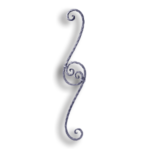 Forged Steel Stair and Rail Scroll Baluster Hammered - 1/2" Sq. Material forged steel scrolls, forged panels, metal stair balusters, rail balusters, steel rail balusters, forged steel rosettes, steel balcony balusters, steel pickets, hammered metal stair baluster, hammered metal railing balusters, hand forged balusters, balusters with bushings, forged newel posts, forged rail panels, powder coated steel forgings, forged steel elemetns, stamped steel elements, fully weldable leaves, fully weldable flowers, pressed steel elements, weldable cast steel leaves, forged steel spheres, forged steel baskets