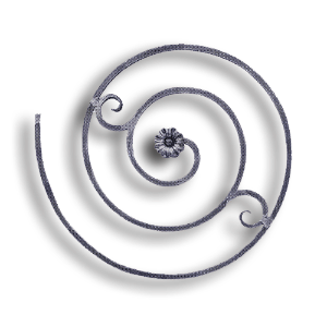 Forged Steel Scroll Panel - 9/16" Sq. Material forged steel scrolls, forged panels, metal stair balusters, rail balusters, steel rail balusters, forged steel rosettes, steel balcony balusters, steel pickets, hammered metal stair baluster, hammered metal railing balusters, hand forged balusters, balusters with bushings, forged newel posts, forged rail panels, powder coated steel forgings, forged steel elemetns, stamped steel elements, fully weldable leaves, fully weldable flowers, pressed steel elements, weldable cast steel leaves, forged steel spheres, forged steel baskets