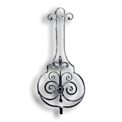Forged Steel Scroll Panel forged steel scrolls, forged panels, metal stair balusters, rail balusters, steel rail balusters, forged steel rosettes, steel balcony balusters, steel pickets, hammered metal stair baluster, hammered metal railing balusters, hand forged balusters, balusters with bushings, forged newel posts, forged rail panels, powder coated steel forgings, forged steel elemetns, stamped steel elements, fully weldable leaves, fully weldable flowers, pressed steel elements, weldable cast steel leaves, forged steel spheres, forged steel baskets