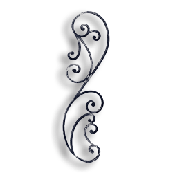 Forged Steel Scroll Panel forged steel scrolls, forged panels, metal stair balusters, rail balusters, steel rail balusters, forged steel rosettes, steel balcony balusters, steel pickets, hammered metal stair baluster, hammered metal railing balusters, hand forged balusters, balusters with bushings, forged newel posts, forged rail panels, powder coated steel forgings, forged steel elemetns, stamped steel elements, fully weldable leaves, fully weldable flowers, pressed steel elements, weldable cast steel leaves, forged steel spheres, forged steel baskets