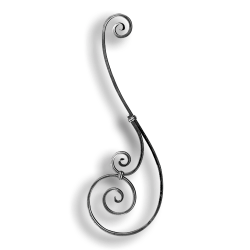 Forged Steel Stair and Rail Scroll - 3/8" Sq. Material forged steel scrolls, forged panels, metal stair balusters, rail balusters, steel rail balusters, forged steel rosettes, steel balcony balusters, steel pickets, hammered metal stair baluster, hammered metal railing balusters, hand forged balusters, balusters with bushings, forged newel posts, forged rail panels, powder coated steel forgings, forged steel elemetns, stamped steel elements, fully weldable leaves, fully weldable flowers, pressed steel elements, weldable cast steel leaves, forged steel spheres, forged steel baskets