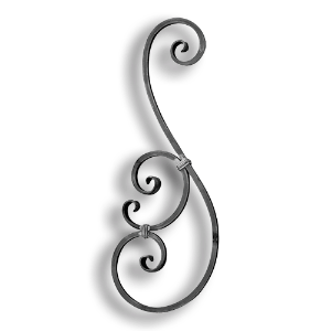 Forged Steel Stair and Rail Scroll - 9/16" Sq. Material forged steel scrolls, forged panels, metal stair balusters, rail balusters, steel rail balusters, forged steel rosettes, steel balcony balusters, steel pickets, hammered metal stair baluster, hammered metal railing balusters, hand forged balusters, balusters with bushings, forged newel posts, forged rail panels, powder coated steel forgings, forged steel elemetns, stamped steel elements, fully weldable leaves, fully weldable flowers, pressed steel elements, weldable cast steel leaves, forged steel spheres, forged steel baskets