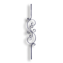Forged Steel Stair and Rail Scroll Baluster - 1/2" Sq. Material forged steel scrolls, forged panels, metal stair balusters, rail balusters, steel rail balusters, forged steel rosettes, steel balcony balusters, steel pickets, hammered metal stair baluster, hammered metal railing balusters, hand forged balusters, balusters with bushings, forged newel posts, forged rail panels, powder coated steel forgings, forged steel elemetns, stamped steel elements, fully weldable leaves, fully weldable flowers, pressed steel elements, weldable cast steel leaves, forged steel spheres, forged steel baskets