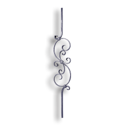 Forged Steel Stair and Rail Scroll Baluster - 1/2" Sq. Material forged steel scrolls, forged panels, metal stair balusters, rail balusters, steel rail balusters, forged steel rosettes, steel balcony balusters, steel pickets, hammered metal stair baluster, hammered metal railing balusters, hand forged balusters, balusters with bushings, forged newel posts, forged rail panels, powder coated steel forgings, forged steel elemetns, stamped steel elements, fully weldable leaves, fully weldable flowers, pressed steel elements, weldable cast steel leaves, forged steel spheres, forged steel baskets
