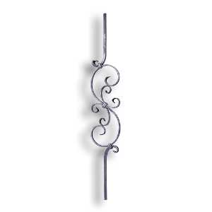 Forged Steel Stair and Rail Scroll Baluster - 1/2" Sq. Material forged steel scrolls, forged panels, metal stair balusters, rail balusters, steel rail balusters, forged steel rosettes, steel balcony balusters, steel pickets, hammered metal stair baluster, hammered metal railing balusters, hand forged balusters, balusters with bushings, forged newel posts, forged rail panels, powder coated steel forgings, forged steel elemetns, stamped steel elements, fully weldable leaves, fully weldable flowers, pressed steel elements, weldable cast steel leaves, forged steel spheres, forged steel baskets
