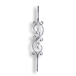 Forged Steel Stair and Rail Scroll Baluster - 1/2" Sq. Material forged steel scrolls, forged panels, metal stair balusters, rail balusters, steel rail balusters, forged steel rosettes, steel balcony balusters, steel pickets, hammered metal stair baluster, hammered metal railing balusters, hand forged balusters, balusters with bushings, forged newel posts, forged rail panels, powder coated steel forgings, forged steel elemetns, stamped steel elements, fully weldable leaves, fully weldable flowers, pressed steel elements, weldable cast steel leaves, forged steel spheres, forged steel baskets