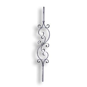 Forged Steel Stair and Rail Scroll Baluster - 1/2" Sq. Material forged steel scrolls, forged panels, metal stair balusters, rail balusters, steel rail balusters, forged steel rosettes, steel balcony balusters, steel pickets, hammered metal stair baluster, hammered metal railing balusters, hand forged balusters, balusters with bushings, forged newel posts, forged rail panels, powder coated steel forgings, forged steel elemetns, stamped steel elements, fully weldable leaves, fully weldable flowers, pressed steel elements, weldable cast steel leaves, forged steel spheres, forged steel baskets