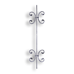 Art Deco Baluster - 3/8" dia. Rd. Material forged steel scrolls, forged panels, metal stair balusters, rail balusters, steel rail balusters, forged steel rosettes, steel balcony balusters, steel pickets, hammered metal stair baluster, hammered metal railing balusters, hand forged balusters, balusters with bushings, forged newel posts, forged rail panels, powder coated steel forgings, forged steel elemetns, stamped steel elements, fully weldable leaves, fully weldable flowers, pressed steel elements, weldable cast steel leaves, forged steel spheres, forged steel baskets