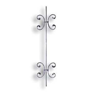 Art Deco Baluster - 3/8" dia. Rd. Material forged steel scrolls, forged panels, metal stair balusters, rail balusters, steel rail balusters, forged steel rosettes, steel balcony balusters, steel pickets, hammered metal stair baluster, hammered metal railing balusters, hand forged balusters, balusters with bushings, forged newel posts, forged rail panels, powder coated steel forgings, forged steel elemetns, stamped steel elements, fully weldable leaves, fully weldable flowers, pressed steel elements, weldable cast steel leaves, forged steel spheres, forged steel baskets
