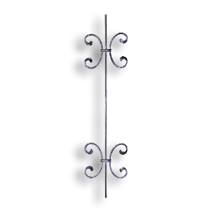 Art Deco Baluster - 3/8" dia. Rd. Material forged steel scrolls, forged panels, metal stair balusters, rail balusters, steel rail balusters, forged steel rosettes, steel balcony balusters, steel pickets, hammered metal stair baluster, hammered metal railing balusters, hand forged balusters, balusters with bushings, forged newel posts, forged rail panels, powder coated steel forgings, forged steel elemetns, stamped steel elements, fully weldable leaves, fully weldable flowers, pressed steel elements, weldable cast steel leaves, forged steel spheres, forged steel baskets