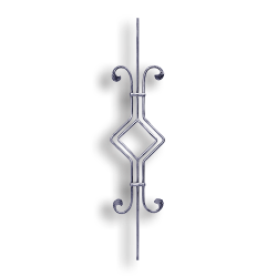 Art Deco Baluster - 3/8" dia. Rd. Material forged steel scrolls, forged panels, metal stair balusters, rail balusters, steel rail balusters, forged steel rosettes, steel balcony balusters, steel pickets, hammered metal stair baluster, hammered metal railing balusters, hand forged balusters, balusters with bushings, forged newel posts, forged rail panels, powder coated steel forgings, forged steel elemetns, stamped steel elements, fully weldable leaves, fully weldable flowers, pressed steel elements, weldable cast steel leaves, forged steel spheres, forged steel baskets